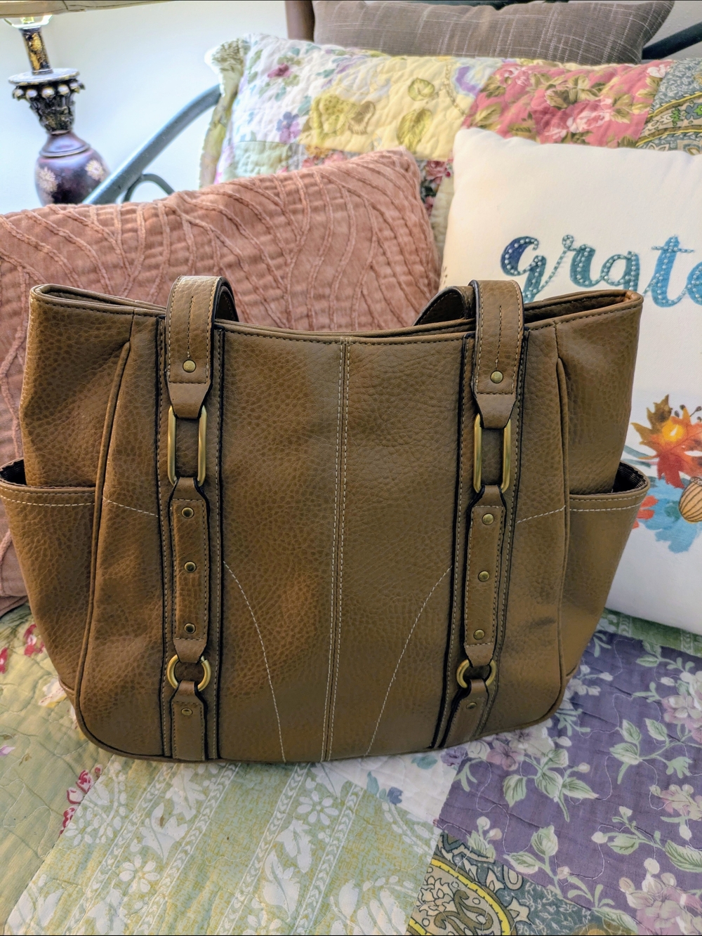 Caramel Brown Pebbled Faux Leather Tote Bag